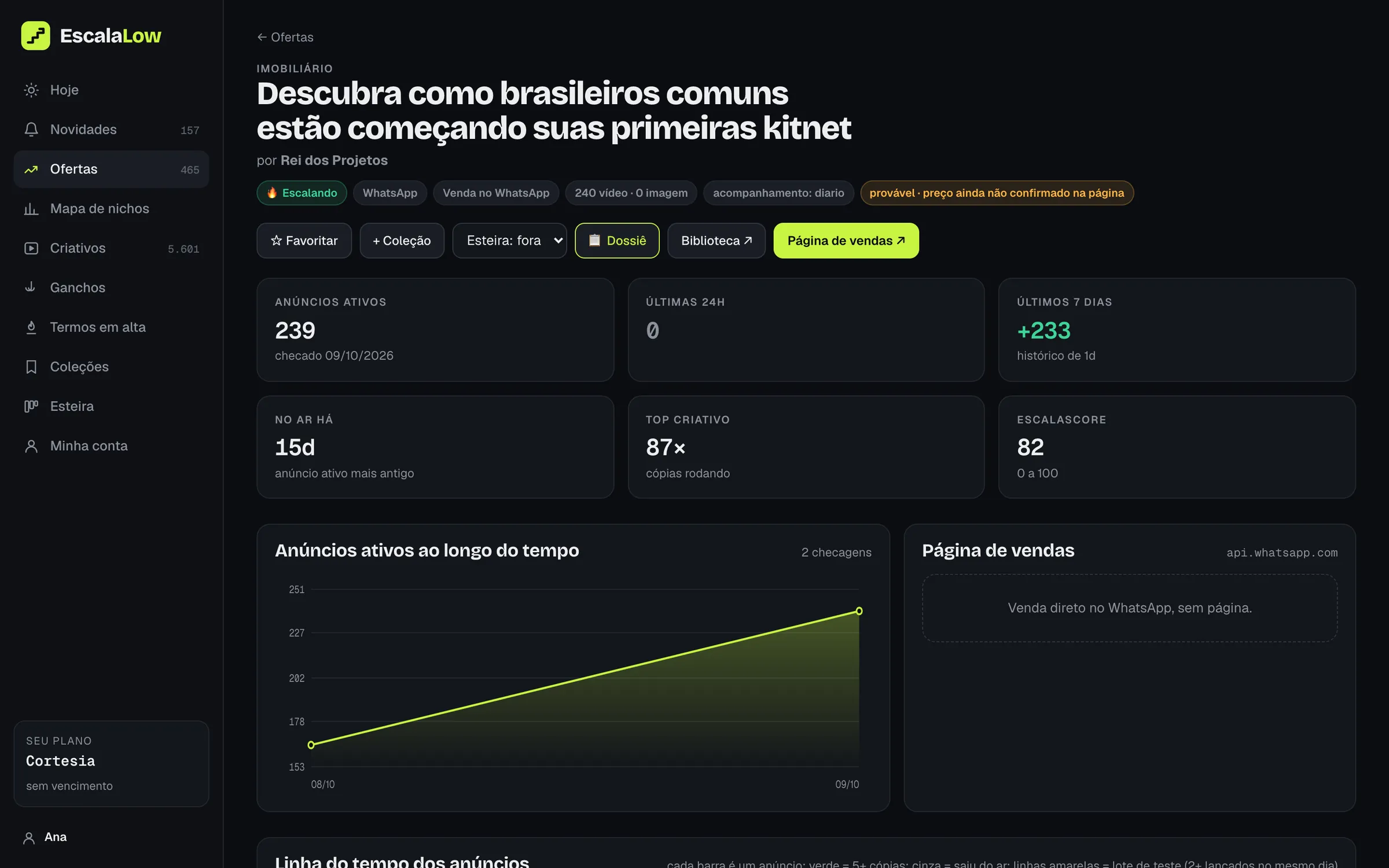 Detalhe de uma oferta com curva de anúncios, criativos e página de vendas